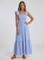Gingham Smocked Ruffle Maxi Summer Dress - HoneyvineDress