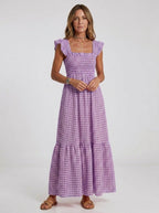 Gingham Smocked Ruffle Maxi Summer Dress - HoneyvineDress