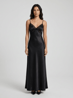 Meliora | Black Satin Lace Trim Evening Maxi Dress - HoneyvineDress