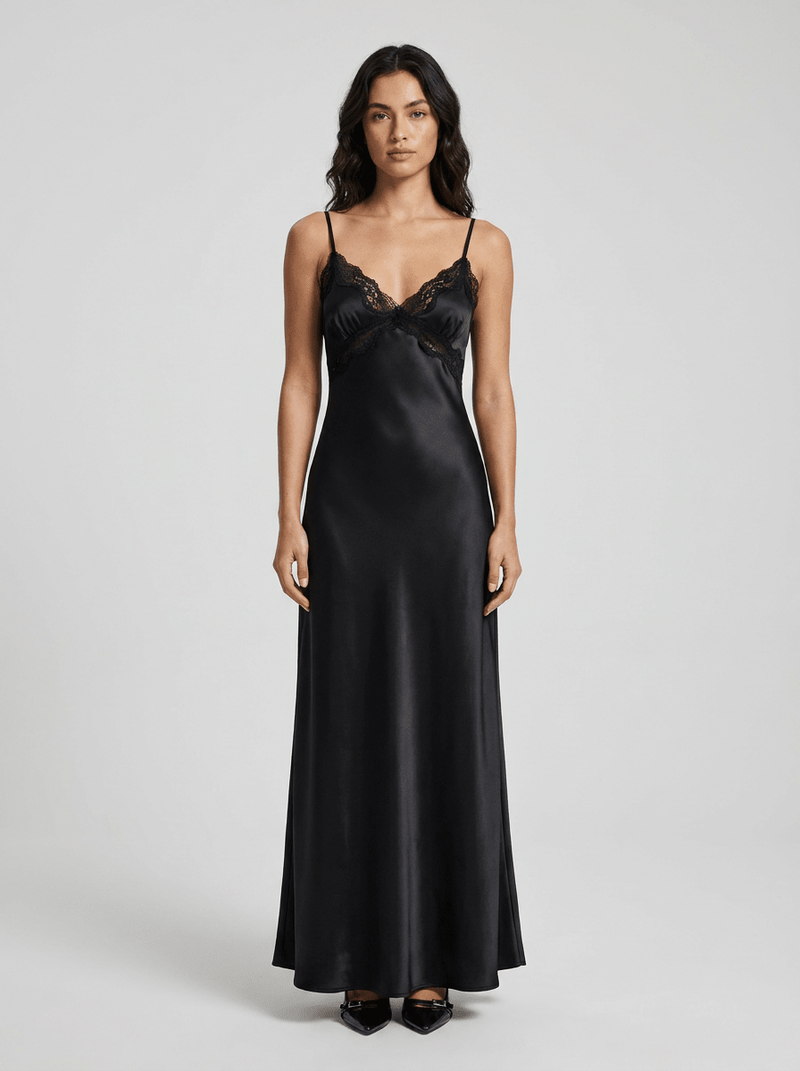 Meliora | Black Satin Lace Trim Evening Maxi Dress