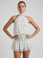 Victoria | Chic Polka Dot Halter Ruffle Backless Mini Dress - HoneyvineDress
