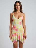 Lucia | Elegant Sheer Floral Print Mini Party Dress - HoneyvineDress
