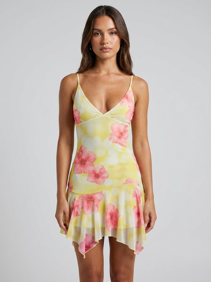 Lucia | Elegant Sheer Floral Print Mini Party Dress