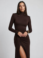 Tatiana | Elegant Turtleneck Tie Waist Maxi Dress - HoneyvineDress
