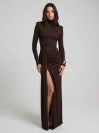 Tatiana | Elegant Turtleneck Tie Waist Maxi Dress - HoneyvineDress