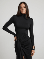 Tatiana | Elegant Turtleneck Tie Waist Maxi Dress - HoneyvineDress