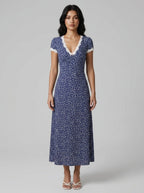 Vera | Cute Floral Print Lace Trim Maxi Dress - HoneyvineDress