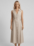 Samira | Classic Beige Linen Button-Down Midi Dress - HoneyvineDress