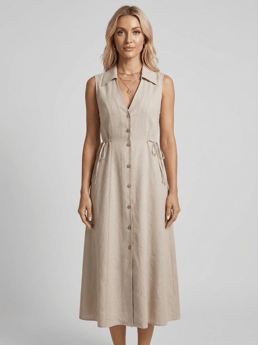 Samira | Classic Beige Linen Button-Down Midi Dress - HoneyvineDress