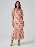 Thea | Romantic Pink Rose Floral Dress - HoneyvineDress