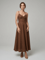 Livi | Elegant Brown Linen A-Line Midi Summer Dress - HoneyvineDress
