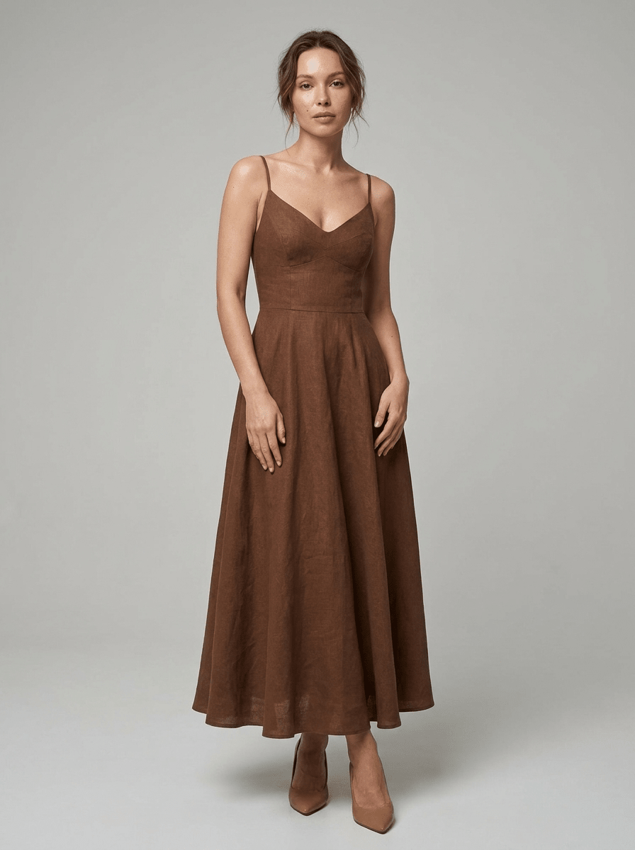 Livi | Elegant Brown Linen A-Line Midi Summer Dress - HoneyvineDress