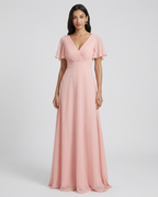 Delphine Chiffon V-Neck Flutter Sleeve Gown - Blush Pink, front