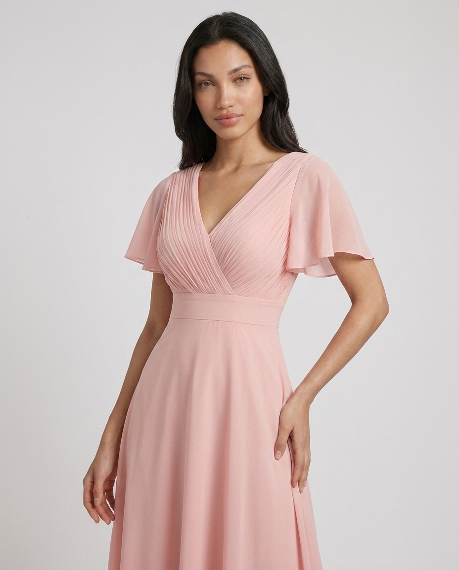 Delphine Chiffon V-Neck Flutter Sleeve Gown - Blush Pink, close-up front