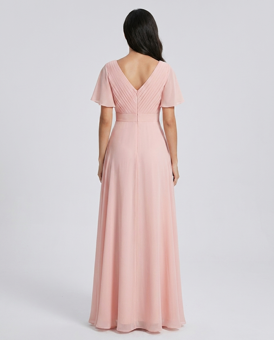 Delphine Chiffon V-Neck Flutter Sleeve Gown - Blush Pink, back