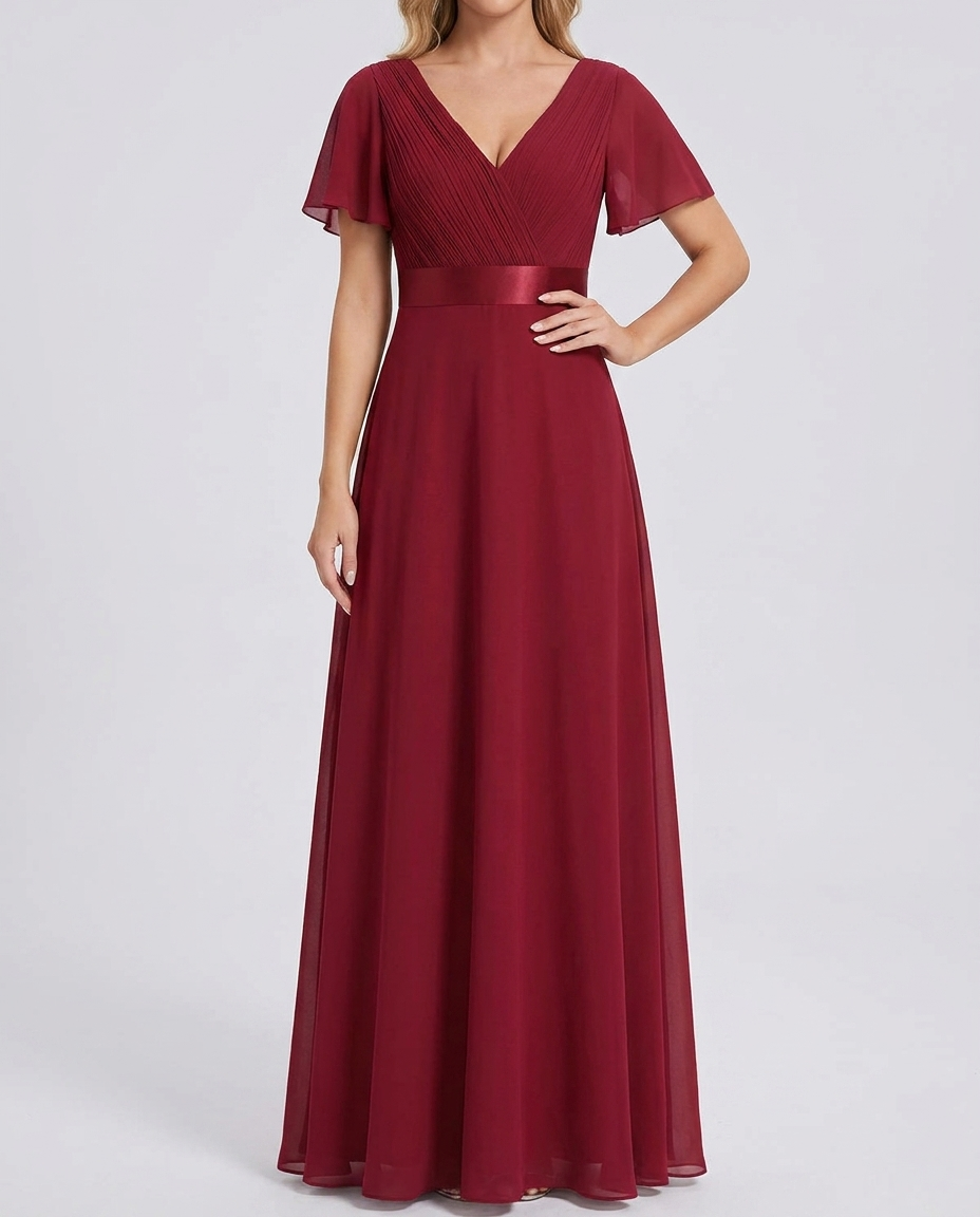 Delphine Chiffon V-Neck Flutter Sleeve Gown - Burgundy, front