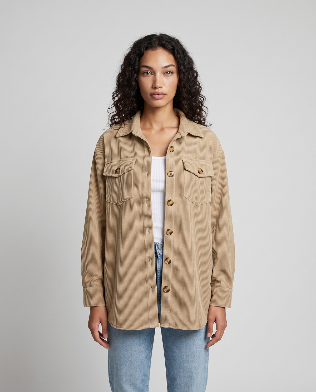 Eden Cozy Casual Corduroy Jacket - Khaki - front