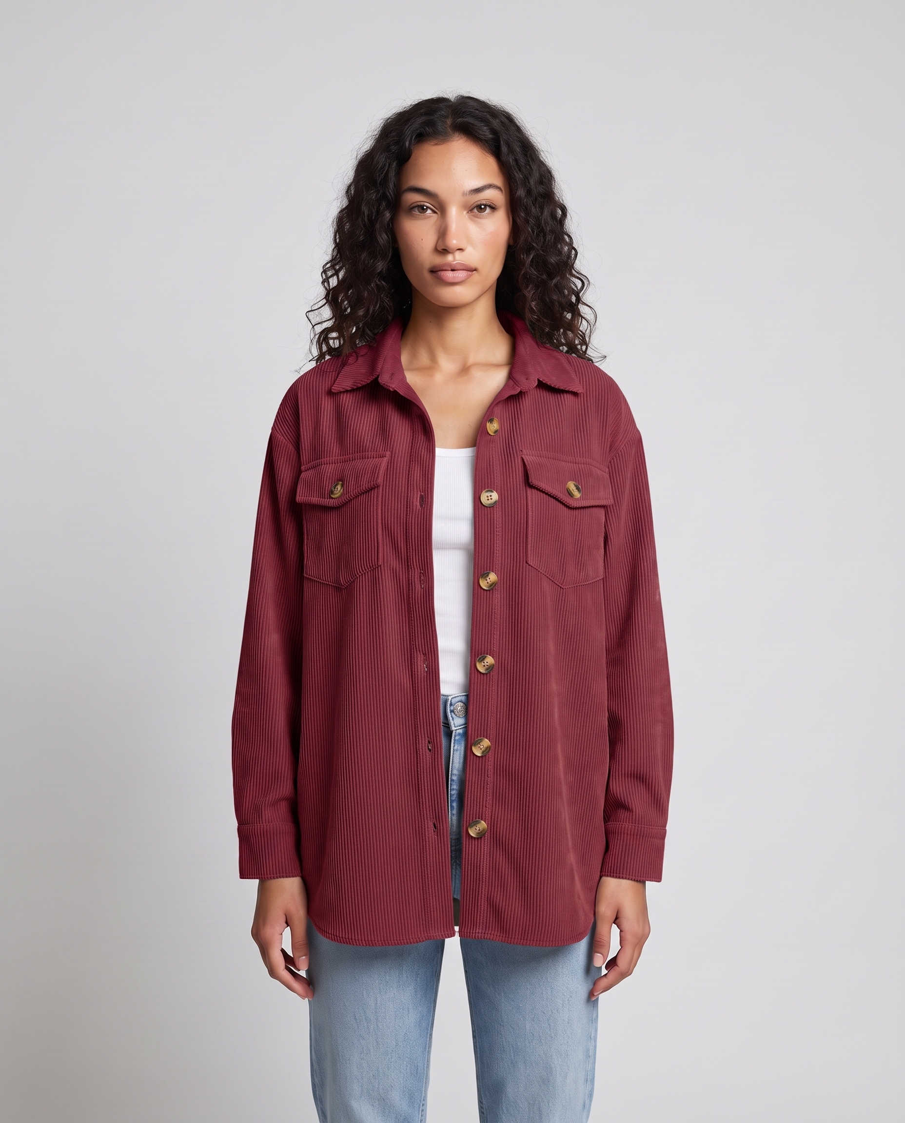 Eden Cozy Casual Corduroy Jacket - Wine Red - front