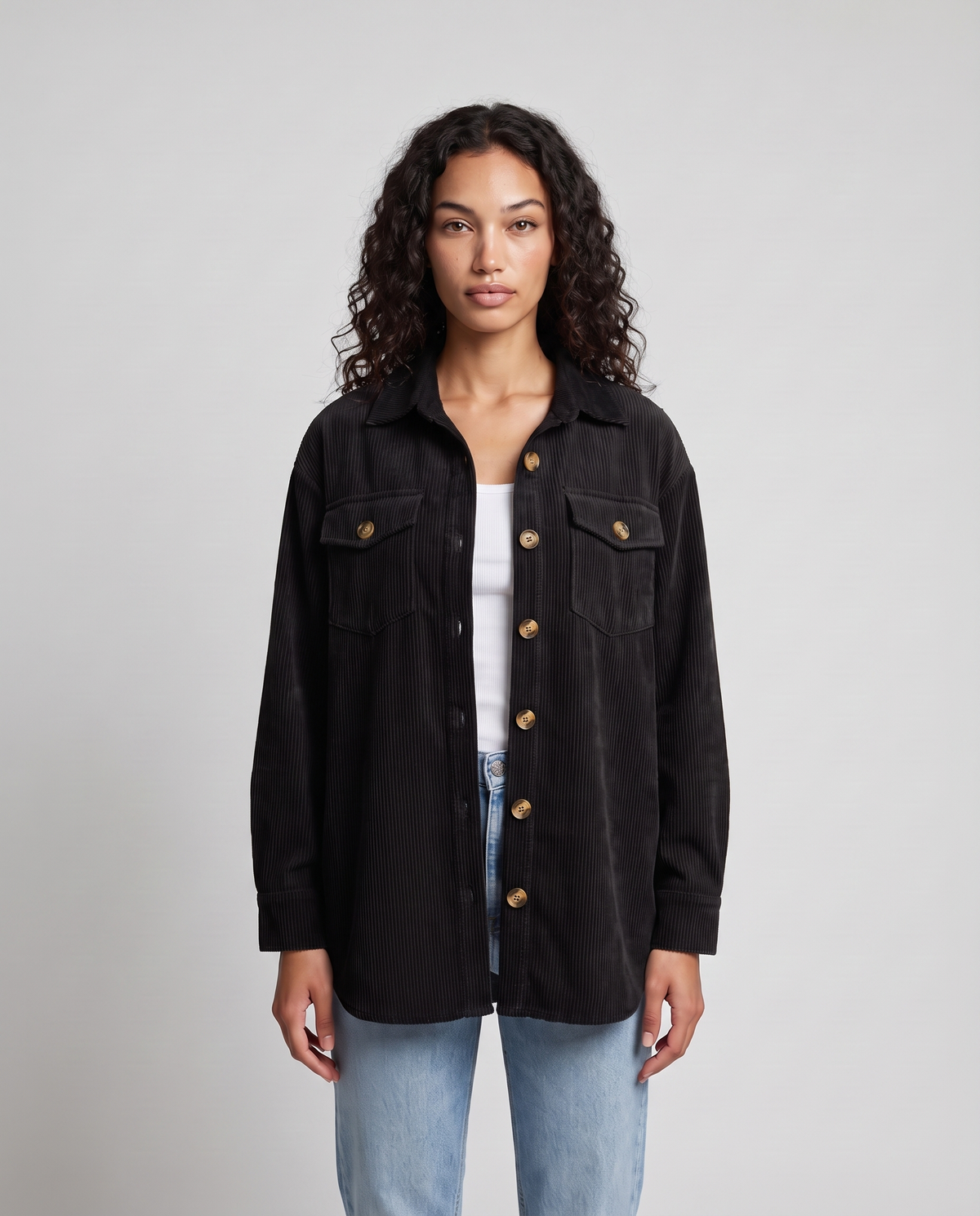 Eden Cozy Casual Corduroy Jacket - Black - front
