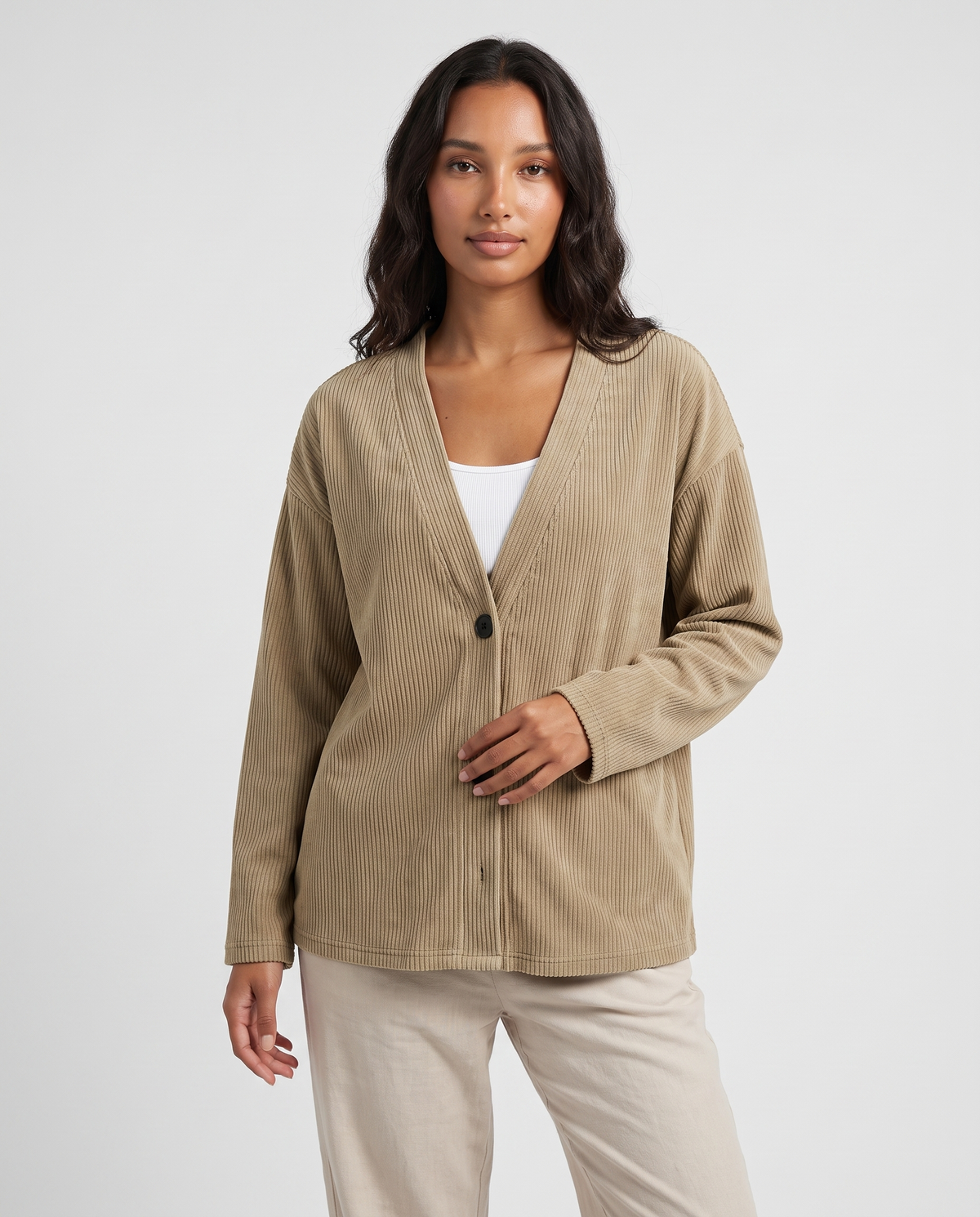 Denise corduroy cardigan - Khaki front