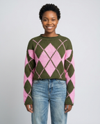 Feminine Argyle Pattern Sweater for Fall - Green master