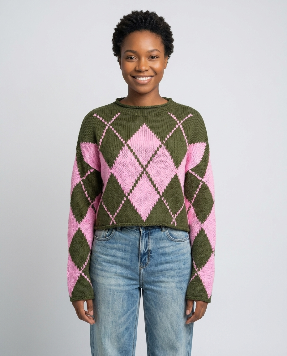 Feminine Argyle Pattern Sweater for Fall - Green master