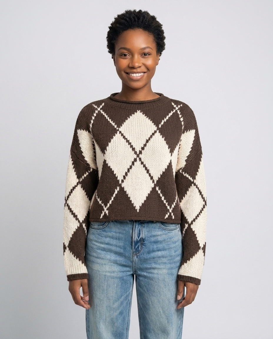 Feminine Argyle Pattern Sweater for Fall - Brown front
