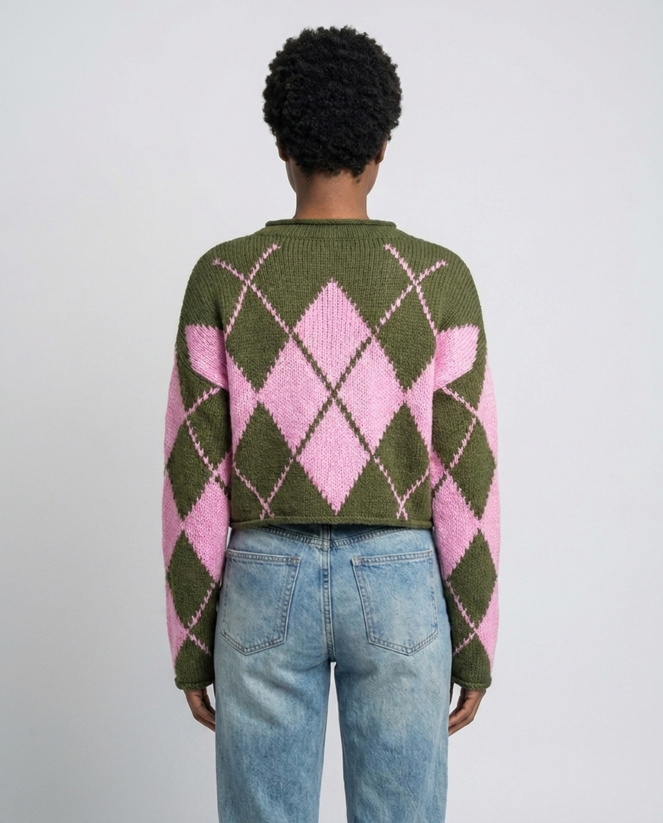 Feminine Argyle Pattern Sweater for Fall - Green back