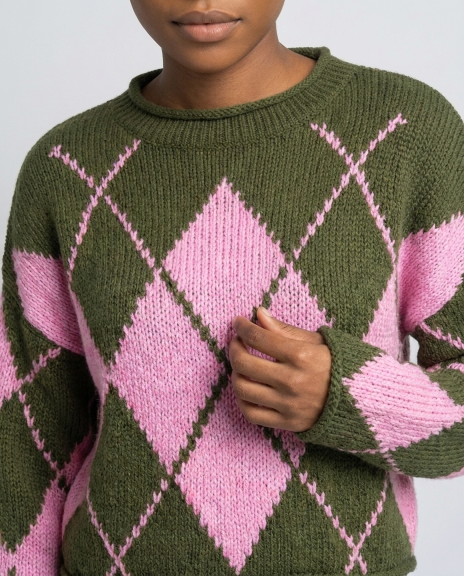 Feminine Argyle Pattern Sweater for Fall - Green closeup
