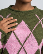 Feminine Argyle Pattern Sweater for Fall - Green fabric2
