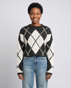 Feminine Argyle Pattern Sweater for Fall - Black front