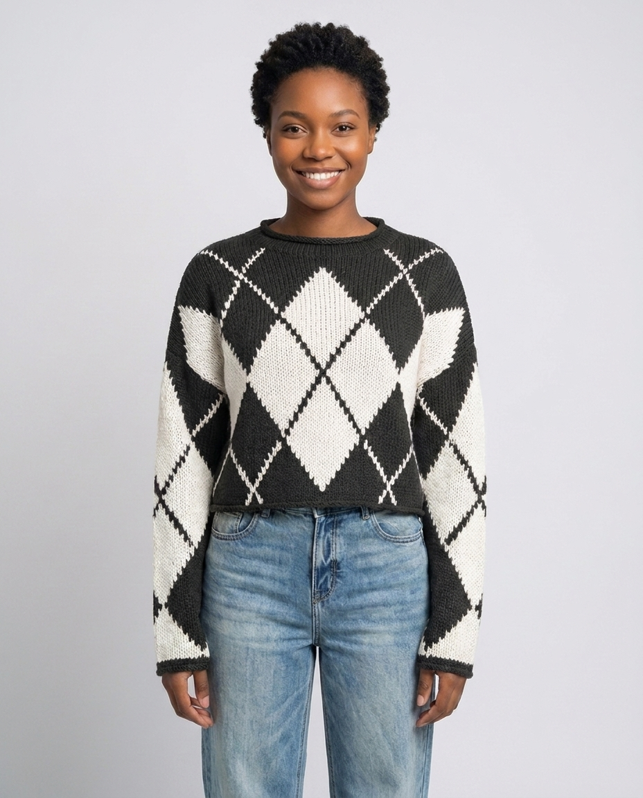 Feminine Argyle Pattern Sweater for Fall - Black front