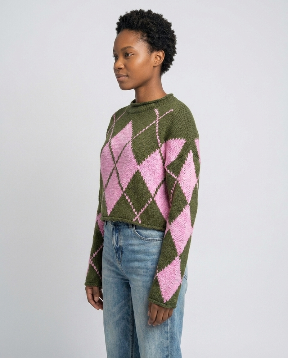 Feminine Argyle Pattern Sweater for Fall - Green side