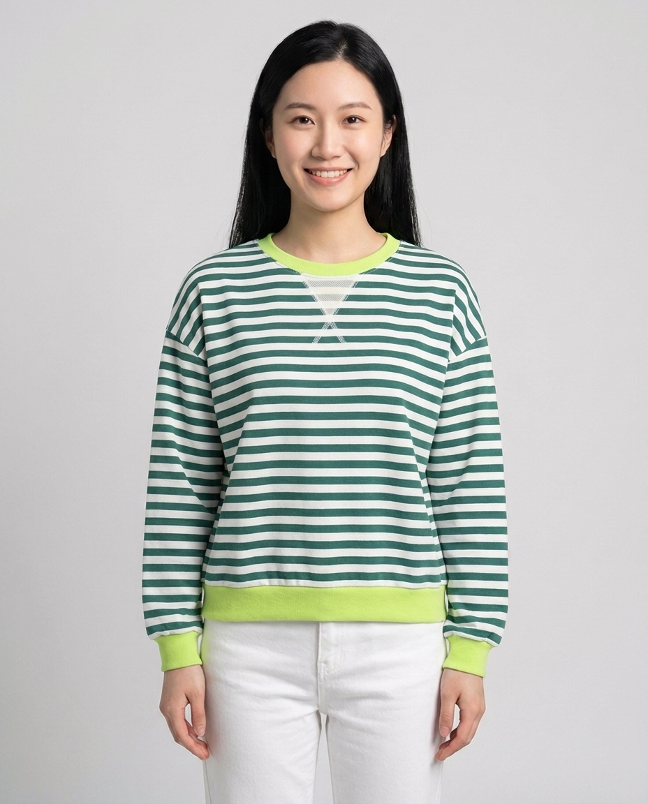 Playful Contrast Trim Sweatshirt for Fall - Green White front
