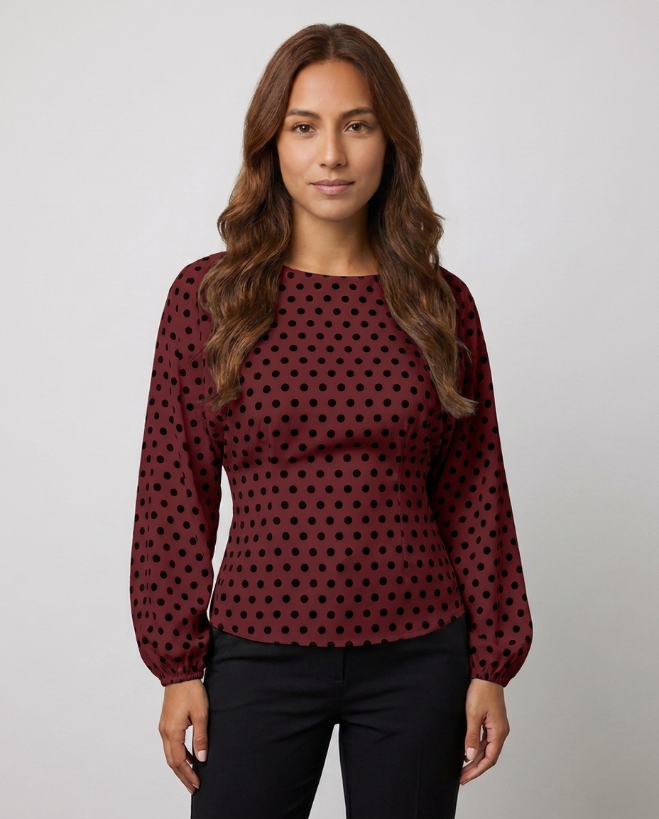 Chic Polka Dot Blouse for Everyday - Dark Red front