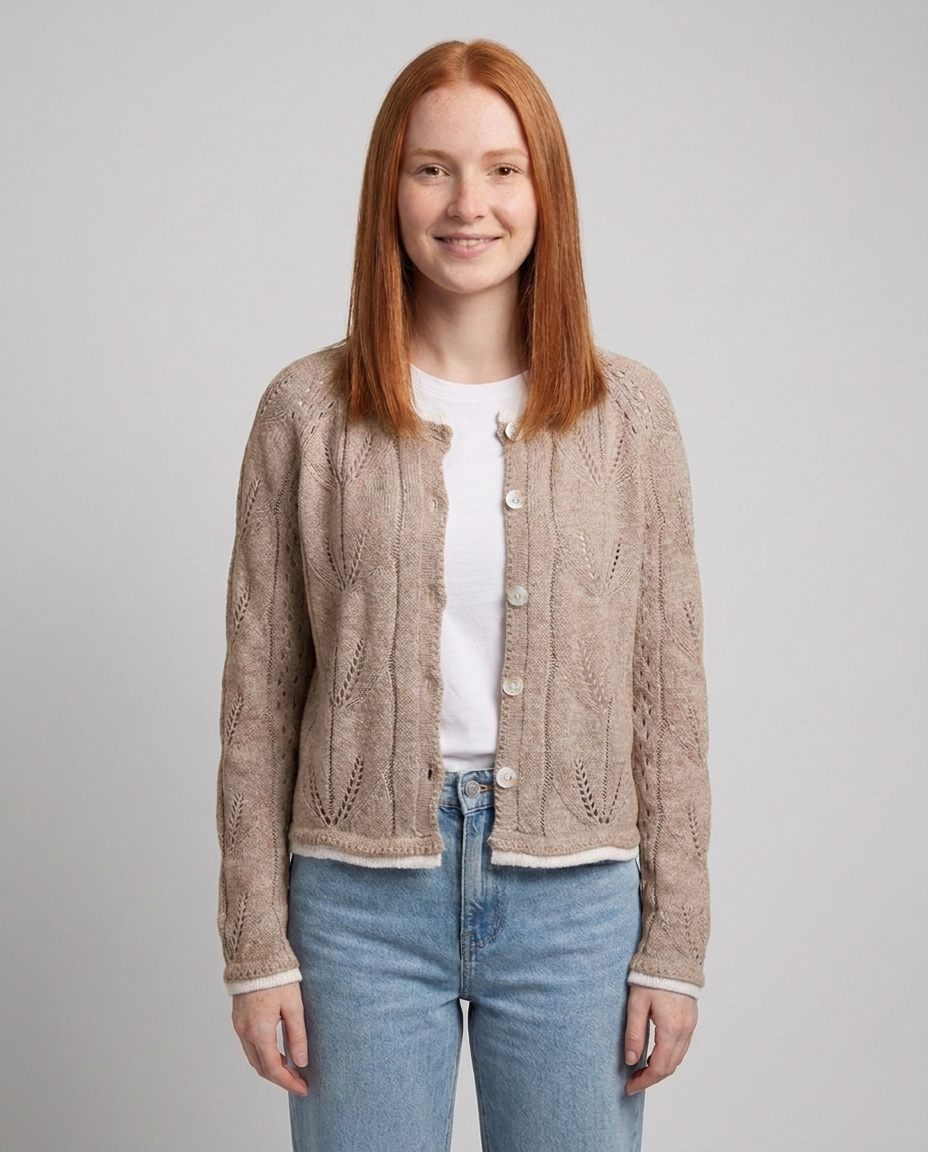 Cozy Hollow-Out Knit Cardigan for Fall - Khaki front