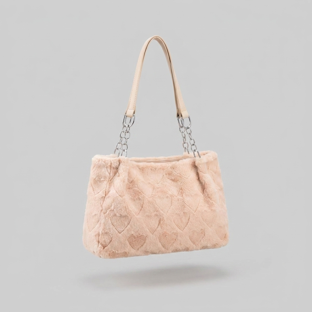 Fluffy Heart-Patterned Plush Shoulder Bag - front - light grey studio