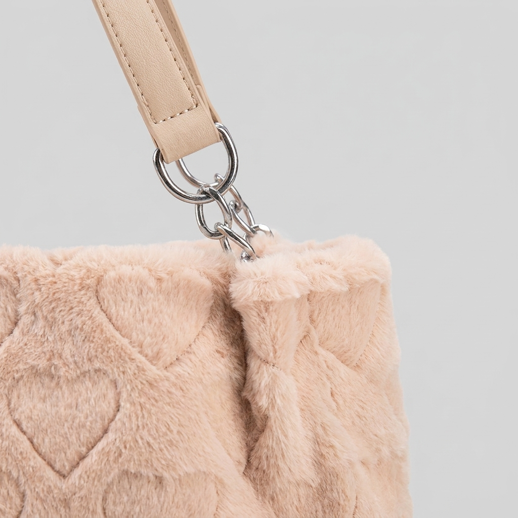 Fluffy Heart-Patterned Plush Shoulder Bag - handle - light grey studio
