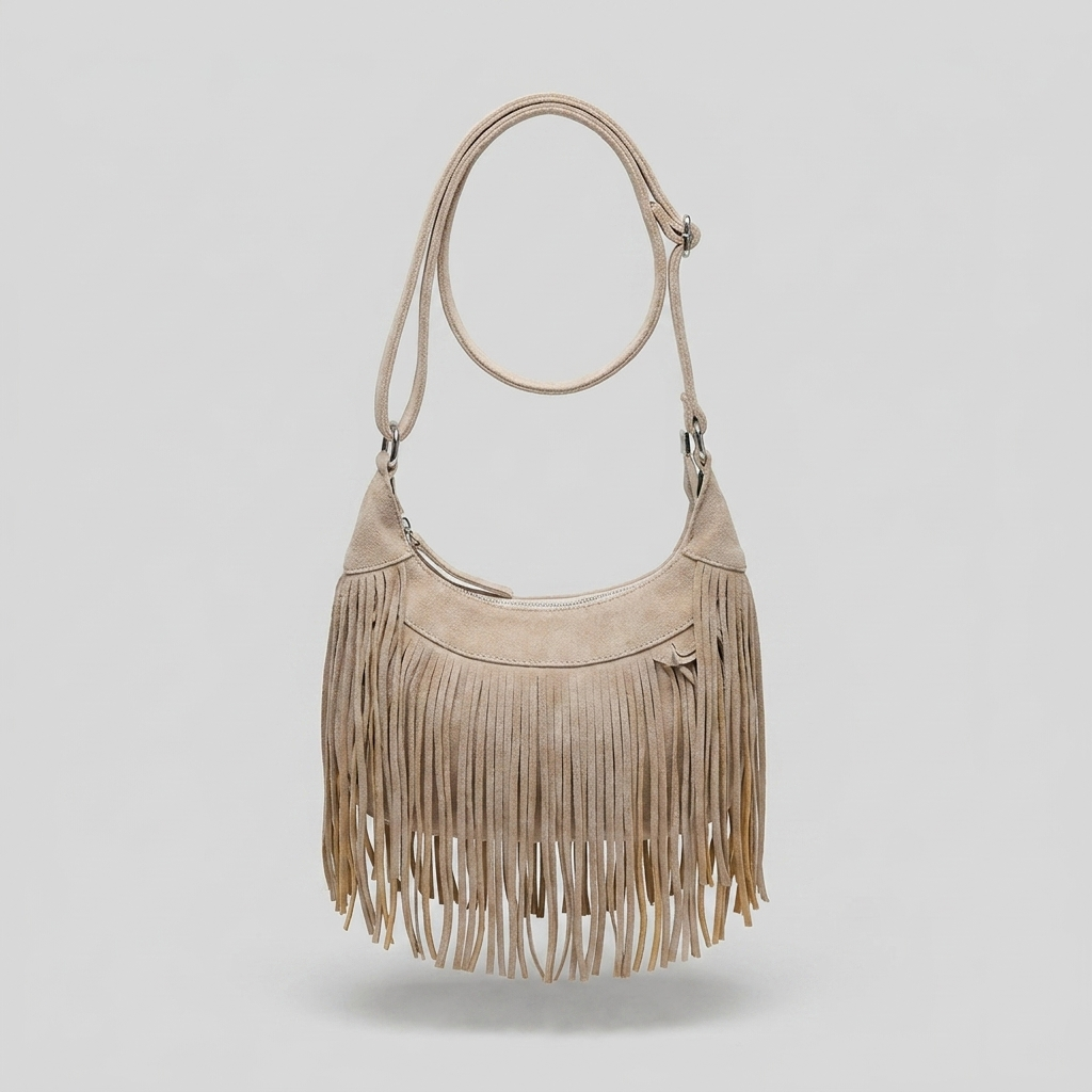 Brooke Chic Suede Fringe Shoulder Bag - khaki - front - light grey studio