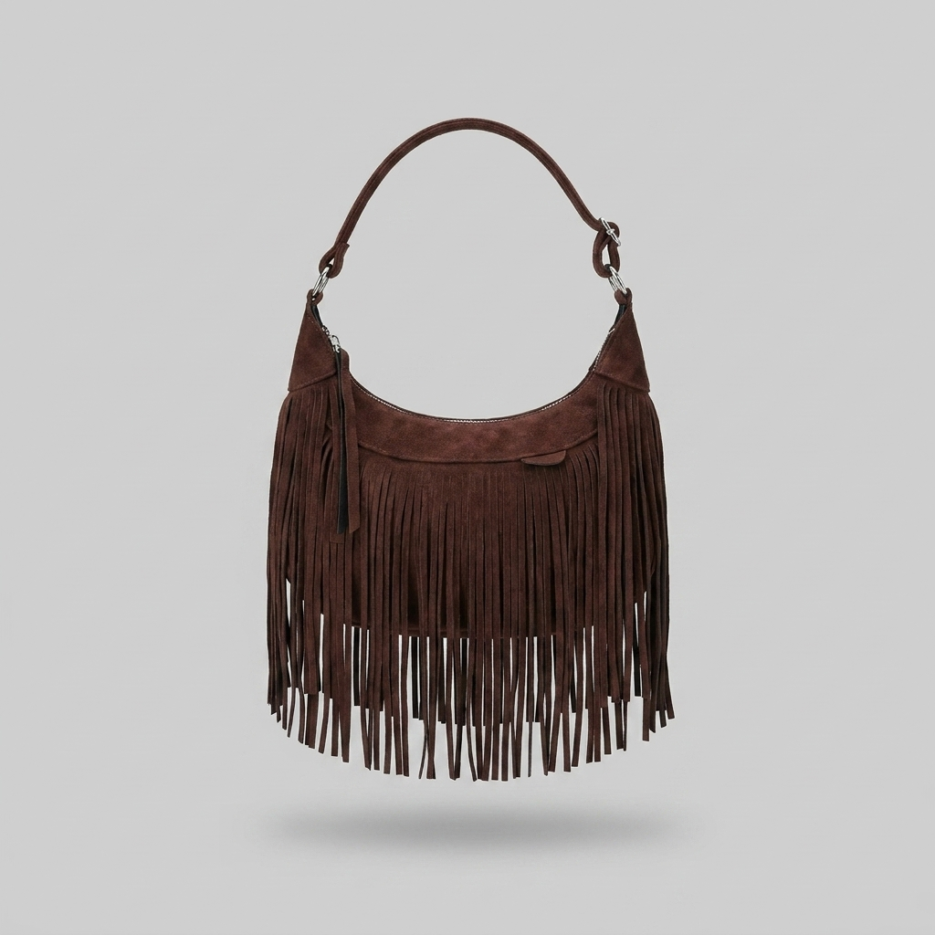 Brooke Chic Suede Fringe Shoulder Bag - dark brown - front - light grey studio