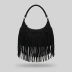 Brooke Chic Suede Fringe Shoulder Bag - black - front - light grey studio