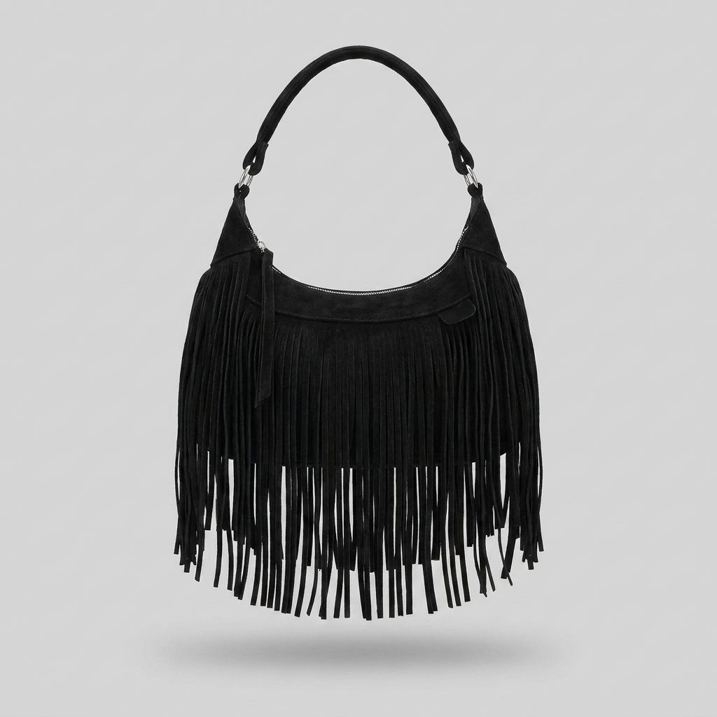 Brooke Chic Suede Fringe Shoulder Bag - black - front - light grey studio